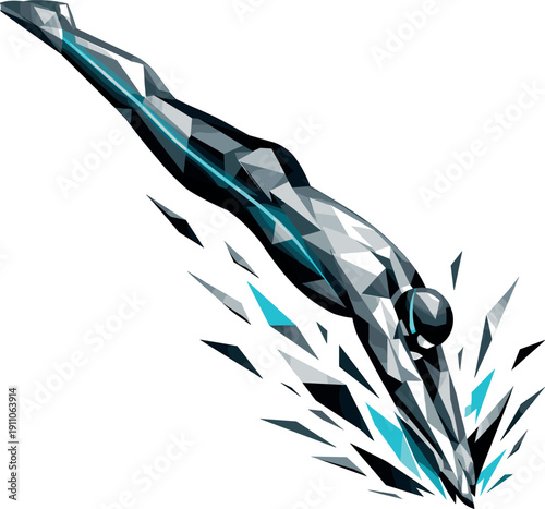 Low-poly vector illustration of a swimmer achieving a perfect streamlined dive entry, flawless angular alignment from fingertips