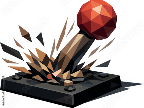 Dynamic Joystick Impact. Low-poly vector illustration of an arcade joystick slammed downward in a decisive move, single oversized