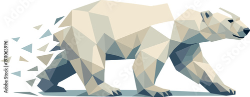 Low-poly vector illustration of a polar bear continuing the prowl with calm authority, steady angular stride and relaxed yet