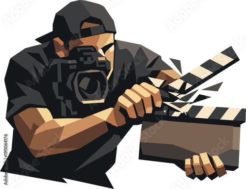 Low-poly vector illustration of a filmmaker at peak tension just before contact, body held steady with visible angular focus