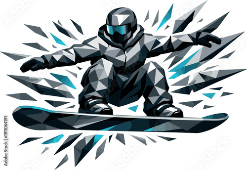 Low-poly vector illustration of a snowboarder completing the aerial trick in a breakthrough moment, perfectly aligned angular