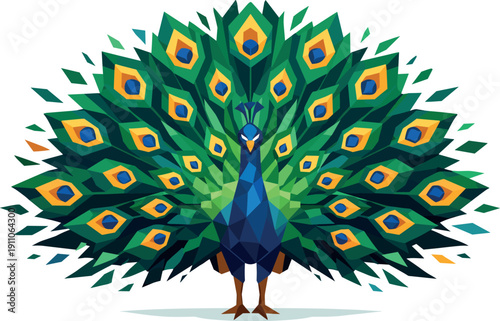 Low-poly vector illustration of a peacock performing a dramatic fan burst, single peacock with sharply faceted anatomy and fully