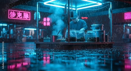 Street food vendor cooking under neon lights in rainy urban night scene atmospheric glow