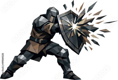 Warrior's Shield Block. Low-poly vector illustration of a warrior performing a shield block at the moment of impact, single
