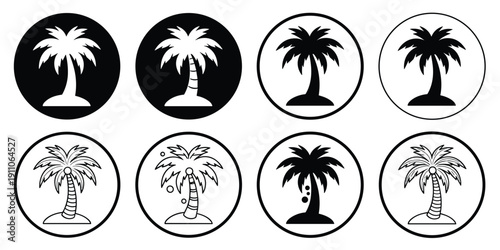 Collection of eight circular palm tree icons in black and white variations Keywords: palm tree, icon, symbol, silhouette