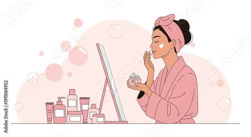 Skincare Routine Woman Applying Cream Before Mirror With Beauty Products