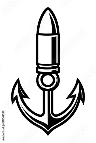 Bullet Cartridge and Nautical Anchor Hybrid Vector Illustration. Creative Military Maritime Security Emblem. Stylized Black and White Logo Design for Navy, Coast Guard, and Tactical Branding.
