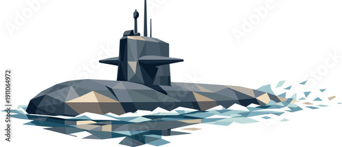 Low-poly vector illustration of a submarine stabilized at the surface after rising, hull leveled with confident angular posture