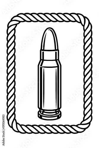 Bullet Cartridge Emblem with Nautical Rope Border. Professional Vector Illustration of a Firearm Round in a Rope Frame. Minimalist Logo Design for Shooting Clubs and Ballistics.