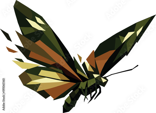 Low-poly vector illustration of a butterfly mid-flutter under peak tension, wings caught between upstroke and downstroke in sharp