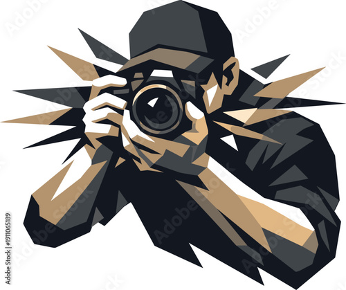 Low-poly vector illustration of a photographer at peak tension just before the shutter release, body held perfectly still with