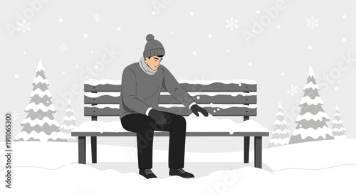 Solitary Figure Reflects on Winter Bench Amidst Falling Snowflakes