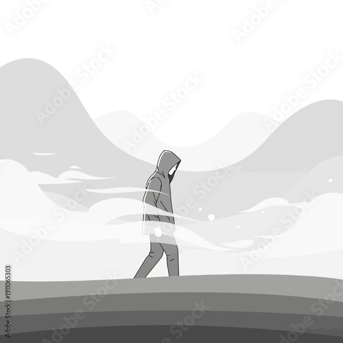 Solitary Figure Wandering Through Misty Mountain Landscape