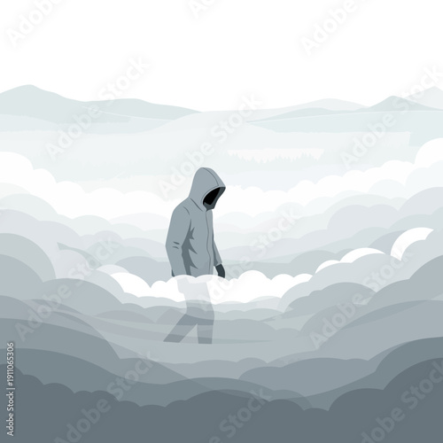 Solitary Figure Navigating Misty Mountain Peaks and Ethereal Clouds