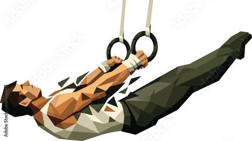 Low-poly vector illustration of a gymnast at peak swing tension on rings, extreme angular body extension with hollow form and
