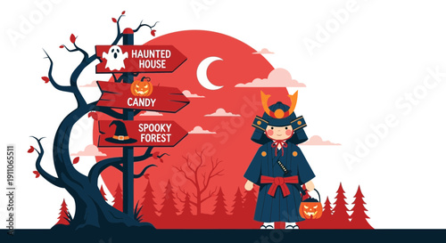 Spooky Halloween Directional Signpost With Samurai Child And Full Moon Scene