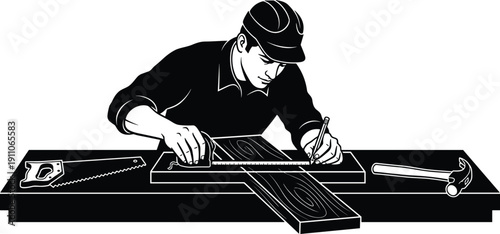 Black and white illustration of a carpenter measuring a wooden plank on a workbench with saw and hammer nearby