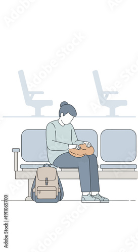 Solo Traveler Waiting Patiently For Flight At Airport Lounge Area