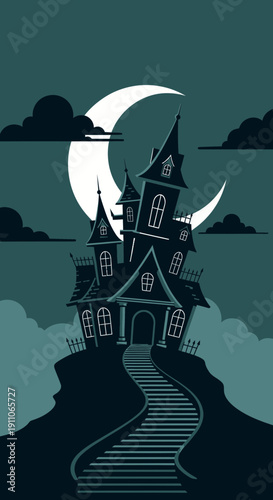 Spooky Haunted Mansion Silhouette Under A Giant Crescent Moon And Wispy Clouds