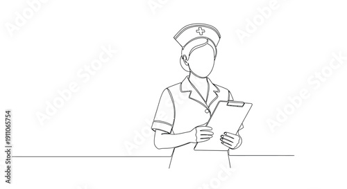Line art illustration of a female nurse holding a clipboard facing forward