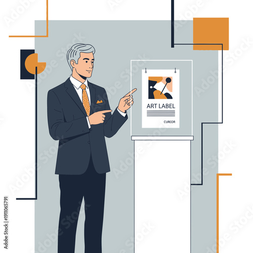 Sophisticated Gentleman Presents Abstract Art Piece At Gallery Exhibition Display