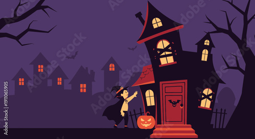 Spooky Night Scene With Child Trick Or Treating At Haunted House Illustration