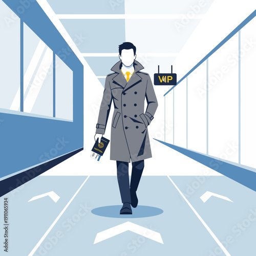 Stylish Traveler Navigating Airport Corridor Holding Passport with VIP Access Signage