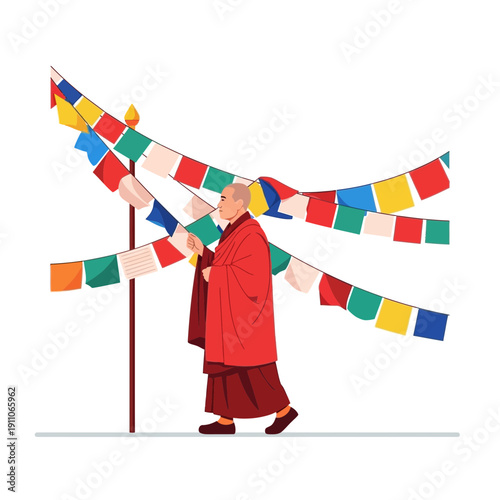 Spiritual Journey Monk Walking Amidst Vibrant Prayer Flags
