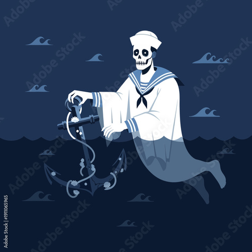 Spooky Sailor Ghost Haunting Ocean Depths With Anchor