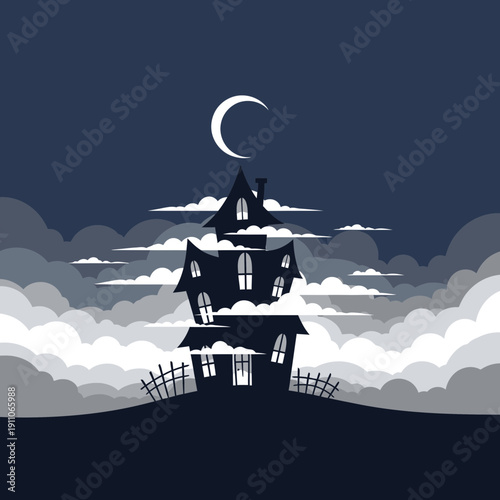 Spooky Silhouette Haunted Mansion Under Crescent Moon With Ethereal Clouds On Hill
