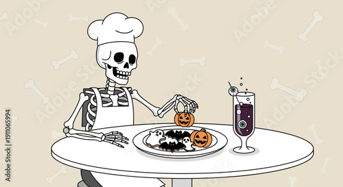 Spooky Skeleton Chef Preparing Halloween Delights With Themed Treats And Eerie Drink