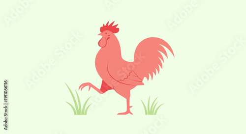 Stylized Rooster Standing In Green Grass with Light Background Minimalist Design