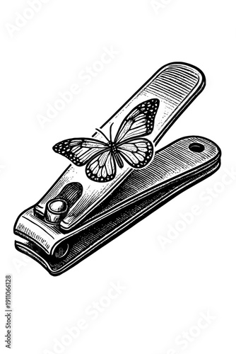 Hand Drawn Vintage Style Illustration of Nail Clippers with a Butterfly - Decorative Personal Care and Hygiene Concept Art Isolated on White Background