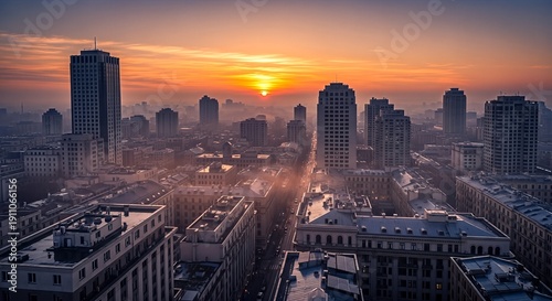 Stunning city skyline view at sunrise or sunset with modern skyscrapers and urban landscape