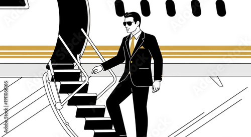 Suave Gentleman Ascends Jetway Stairs in Sharp Suit