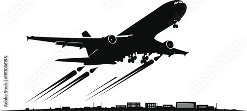 Black silhouette of commercial airplane taking off into sky above city buildings representing travel tourism and transportation industry concepts.