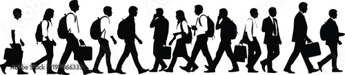 Group of business people silhouettes walking in line with briefcases representing employment corporate team commuters and human resources.