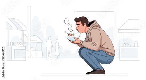 Street Food Enjoyment A Young Man Savors A Steaming Bowl Outdoors