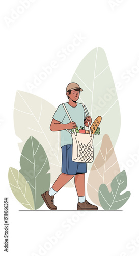 Sustainable Grocer Carrying Eco-Friendly Shopping Bag With Fresh Produce And Bread