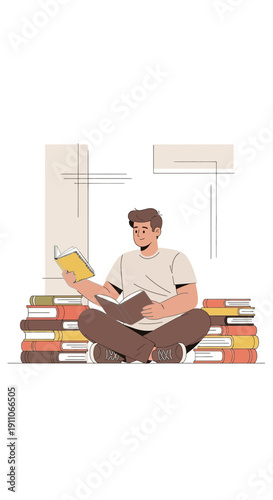 Student Deeply Engaged in Reading Amidst a Towering Stack of Knowledge