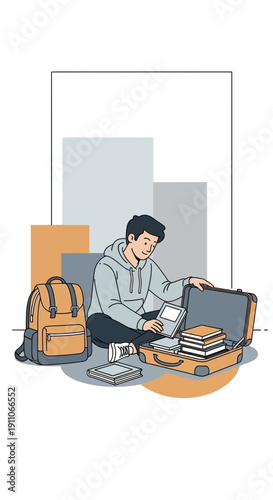 Student Preparing For New Journey With Backpack And Open Suitcase Full Of Books