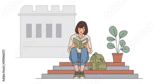 Student Reading Book On Campus Steps With Backpack And Plant