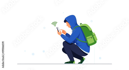 Student With Smartphone Connecting To Wi-Fi While Squatting Outdoors In Digital World