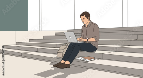 Student Working On Laptop Outdoors On Steps With Backpack And Books