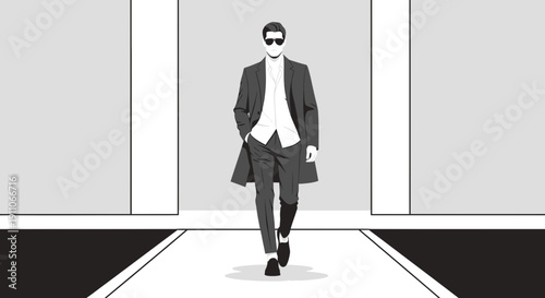 Stylish Man Strides Confidently Down a Minimalist Fashion Runway