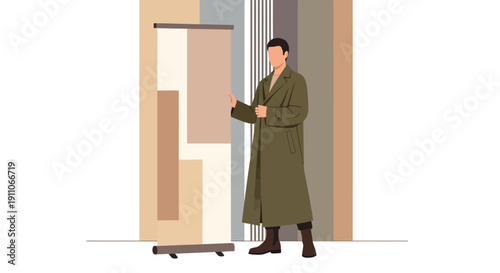 Stylish Man In Trench Coat Presents Abstract Design Display