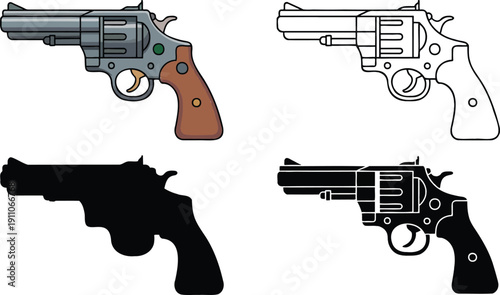 Vintage Revolver silhouette & Outline and illustration set isolated on transparent background