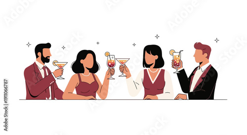 Stylish People Enjoying Evening Cocktails At A Sophisticated Social Gathering