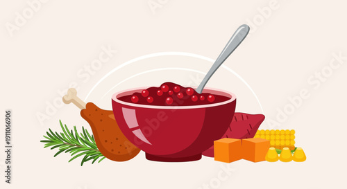 Thanksgiving Feast Elements With Cranberry Sauce And Turkey