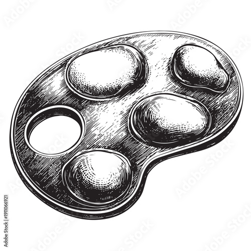 Artist paint palette with paint wells vector engraving style isolated on white background for creative studio logo design art supply catalog and workshop poster